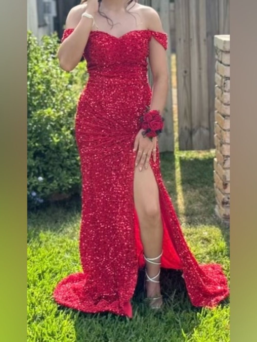Prom Dress Sequined Feaux Front Tie Sweetheart Gala Maxi 2 Slit Sheath Red Small